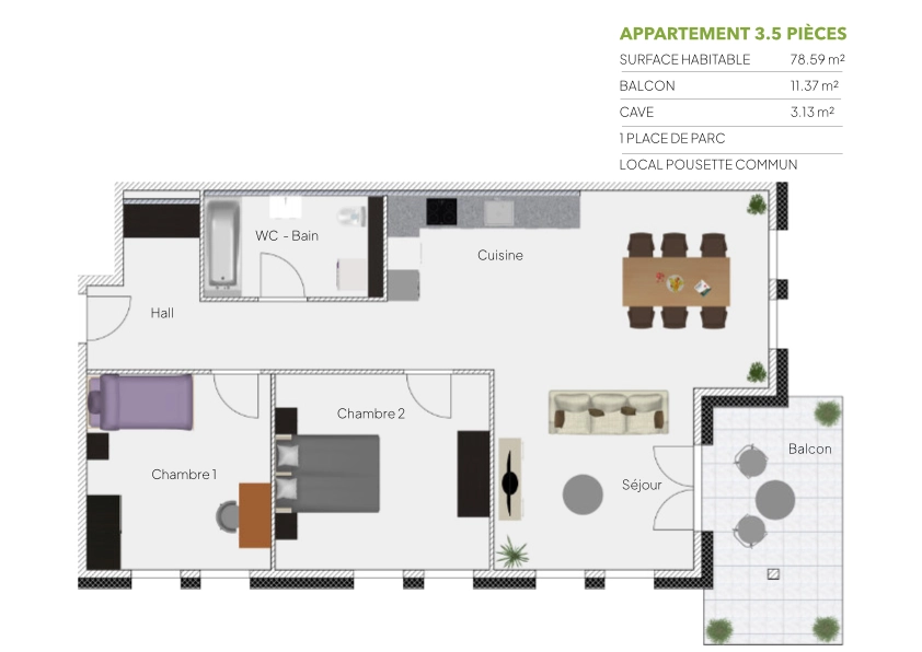 Plan 3.5 piÃ¨ces / 2Ã¨me